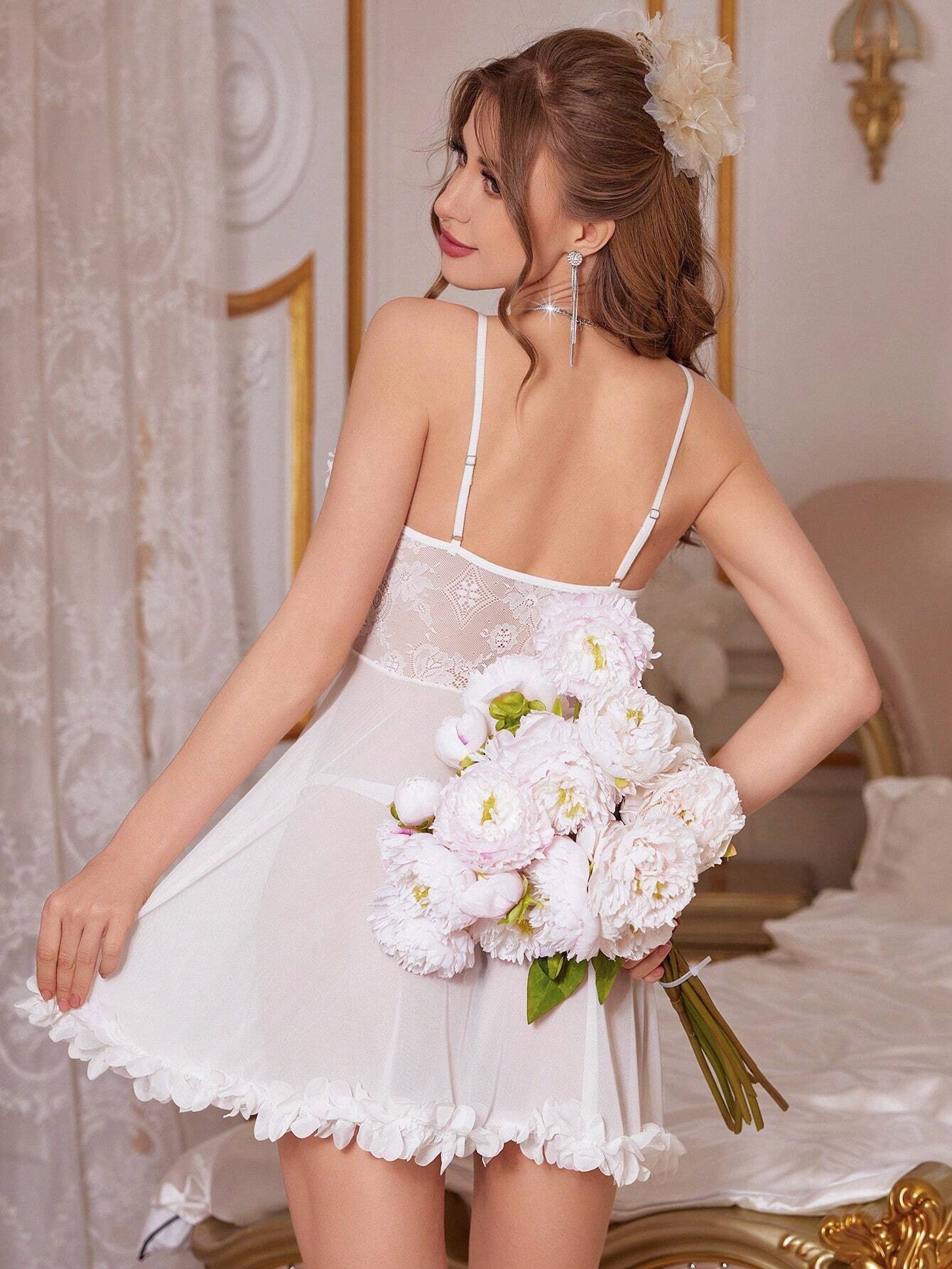 3D Flower Lace See-Through Cami Bridal Nightie - TFI Lingerie Pakistan - Image 2