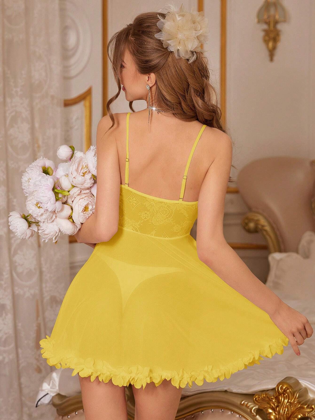 3D Flower Lace See-Through Cami Sleep Nightie II - TFI Lingerie Pakistan - Image 2