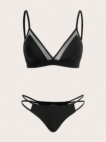 Contrast Mesh Black Seamless Lingerie Set