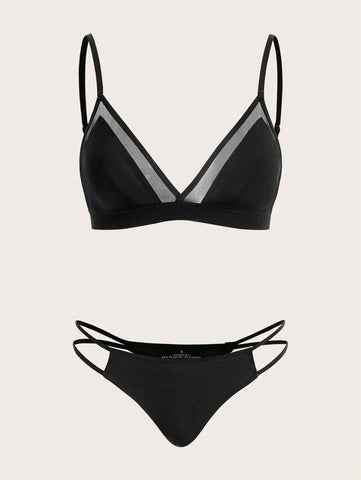 Contrast Mesh Black Seamless Lingerie Set