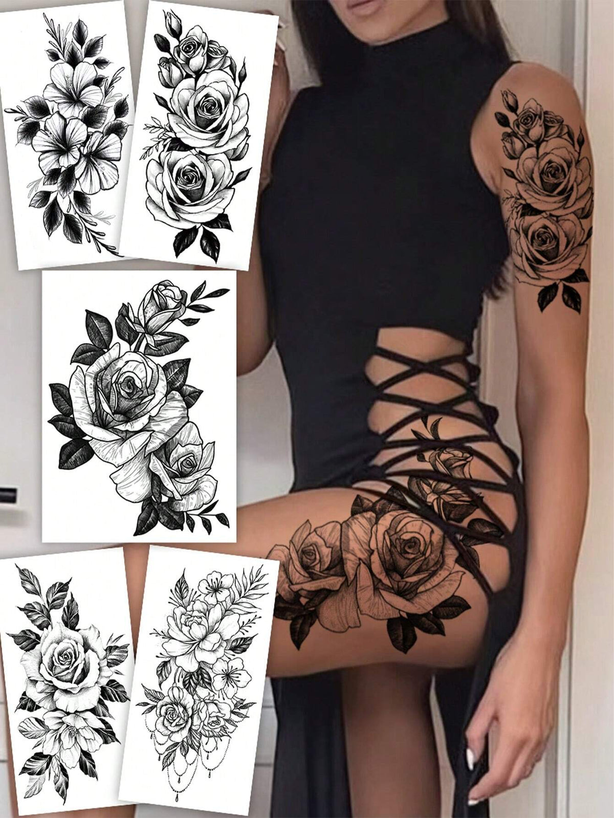Black Floral Rose Temporary Tattoo Set