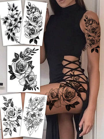 Black Floral Rose Temporary Tattoo Set