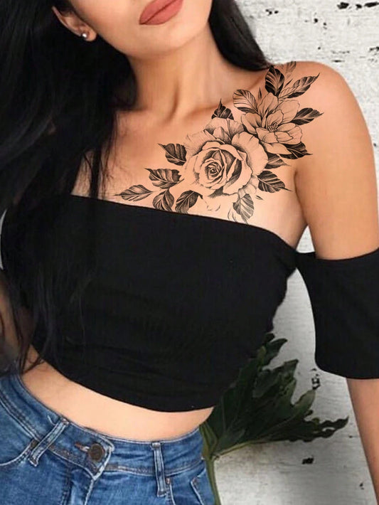 Black Floral Rose Temporary Tattoo Set