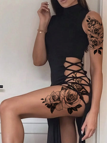 Black Floral Rose Temporary Tattoo Set