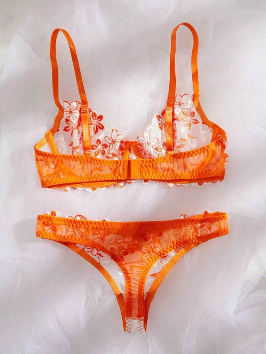 Sunset Bloom Floral Embroidery Lingerie Set