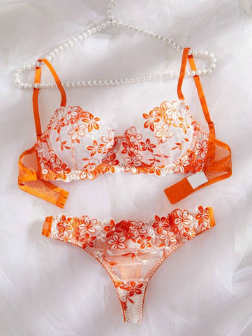 Sunset Bloom Floral Embroidery Lingerie Set