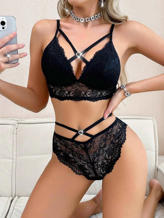 Noir Cage Lace Bralette Lingerie Set with Heart Charm