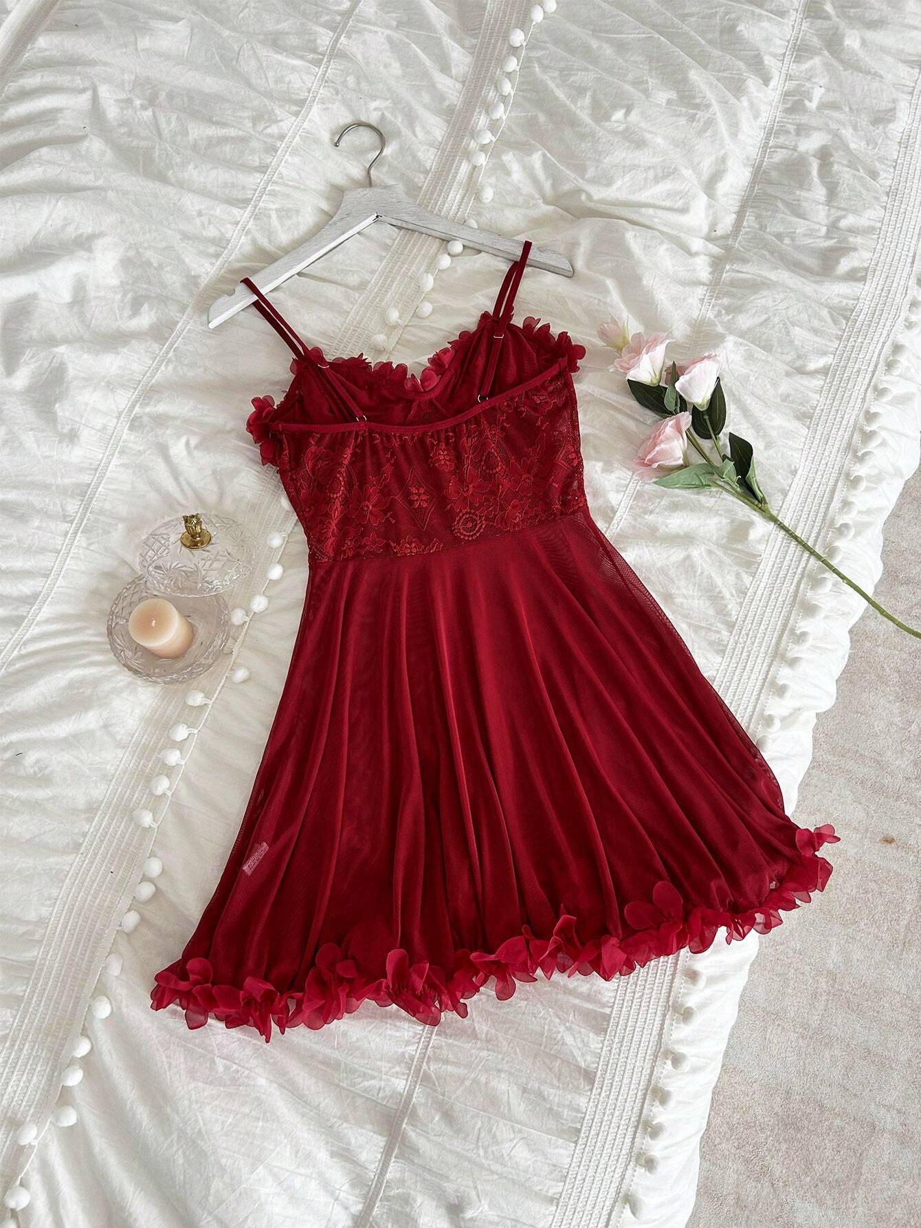 Solid 3D Flower Lace See-Through Camisole Nightie - TFI Lingerie Pakistan - Image 2