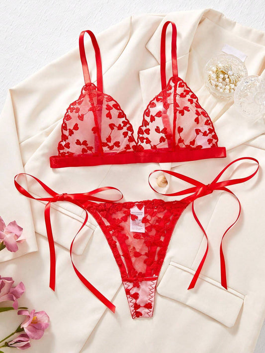 1set Women Heart Embroidery Mesh Bra & Panty Lingerie Set, Valentine's Day Bedroom Wear Two Pieces Set Women 2 Pieces Set