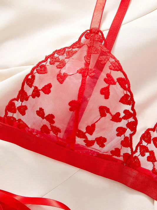 1set Women Heart Embroidery Mesh Bra & Panty Lingerie Set, Valentine's Day Bedroom Wear Two Pieces Set Women 2 Pieces Set