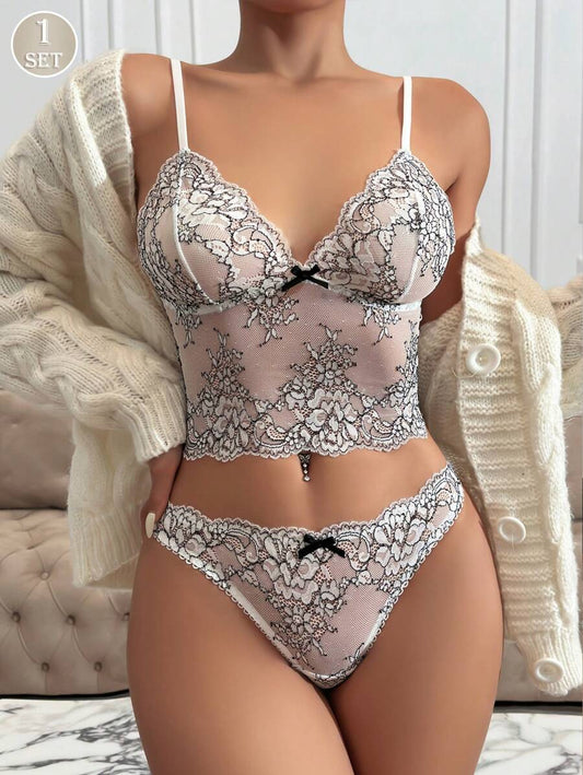 2pcs Women Hollow Sexy Lace Bra And Panties Set