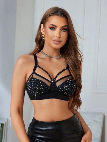 Black Rhinestone Embellished Wireless Criss-Cross Bra