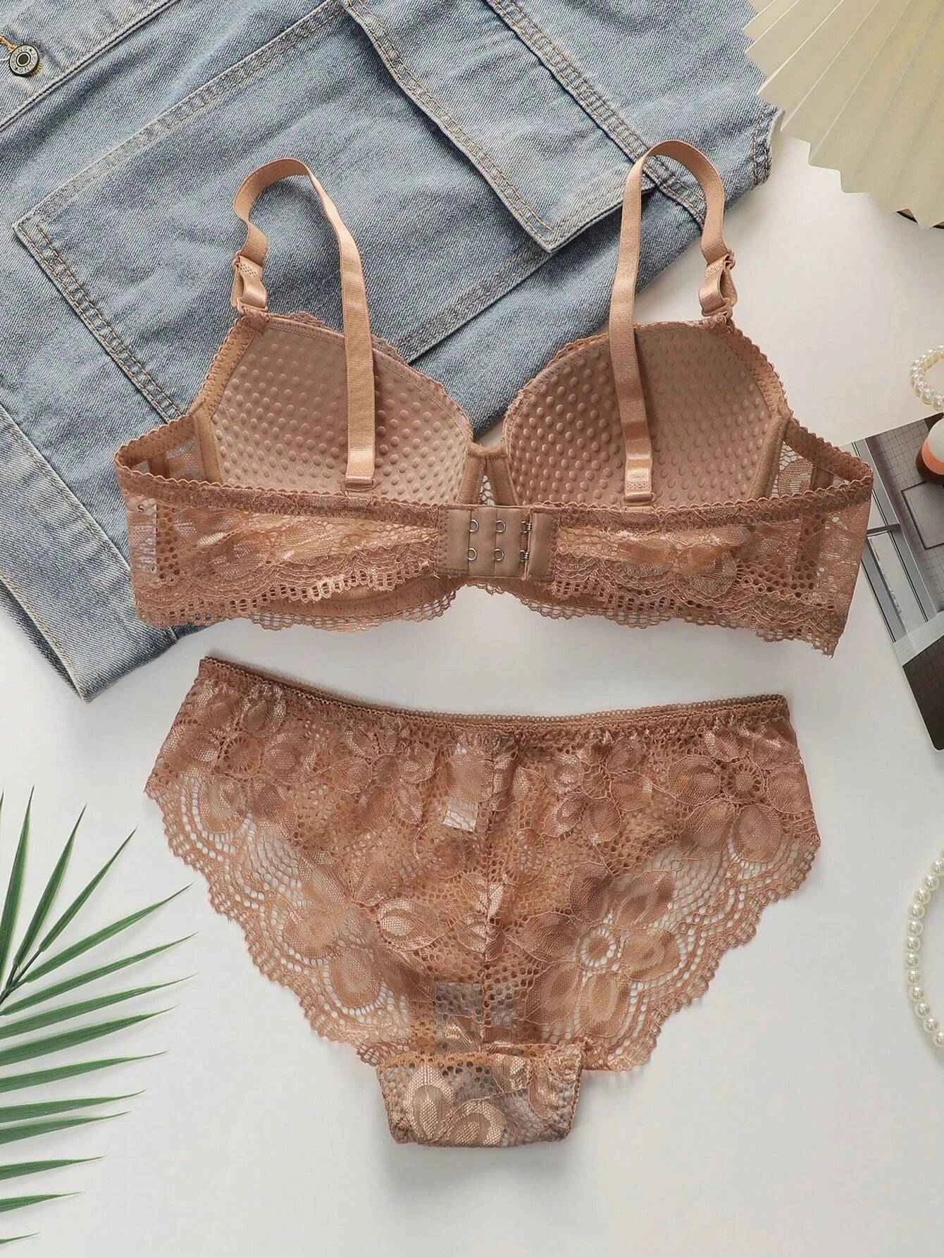 Coffee Brown Floral Lace Lingerie Set