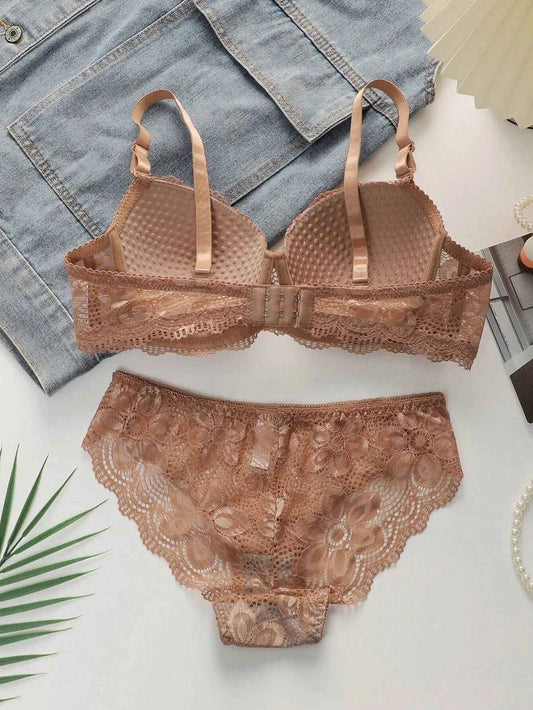 Coffee Brown Floral Lace Lingerie Set