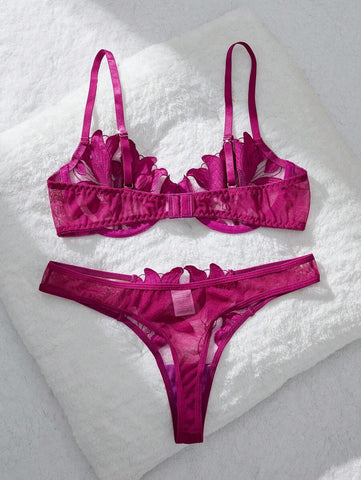 2pcs Women Romantic Tie Dye Maple Leaf Sheer Mesh Lingerie Set