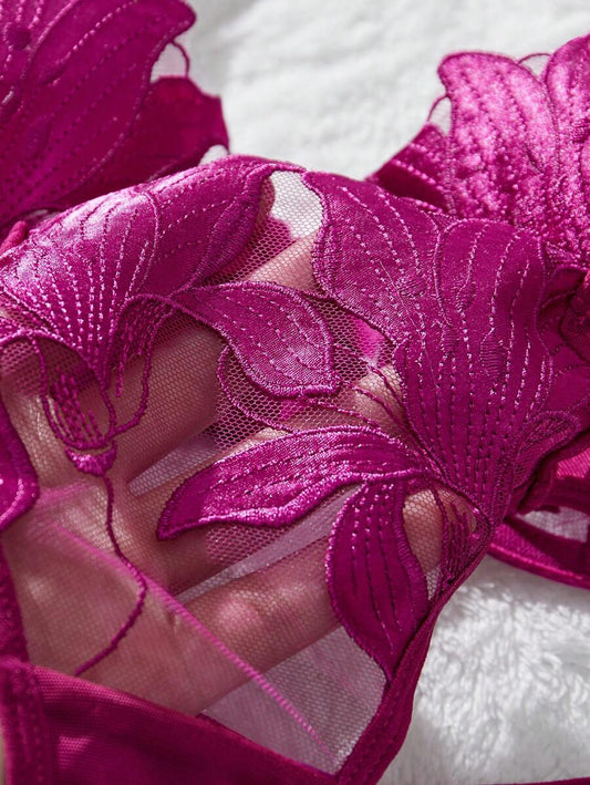 2pcs Women Romantic Tie Dye Maple Leaf Sheer Mesh Lingerie Set