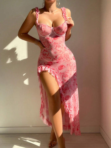 2pc Floral Print Ruffle Spaghetti Strap Slit Nightie Set - TFI Lingerie Pakistan