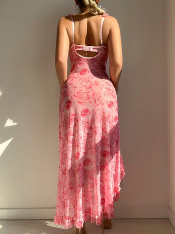 2pc Floral Print Ruffle Spaghetti Strap Slit Nightie Set - TFI Lingerie Pakistan - Image 2