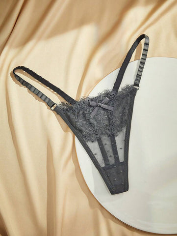 Plain Lace Mesh Bow Decorated Sexy Thong