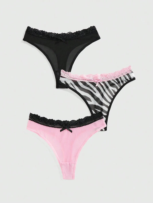 3pcs Y2K Gyaru Style Zebra Print Mesh & Lace Colorblock Thongs Panties Set