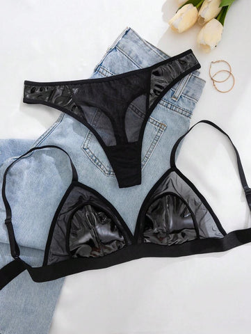 1pc Women's Solid Color Leather Comfortable Lingerie Set Two Pieces Set Women 2 Pieces Set