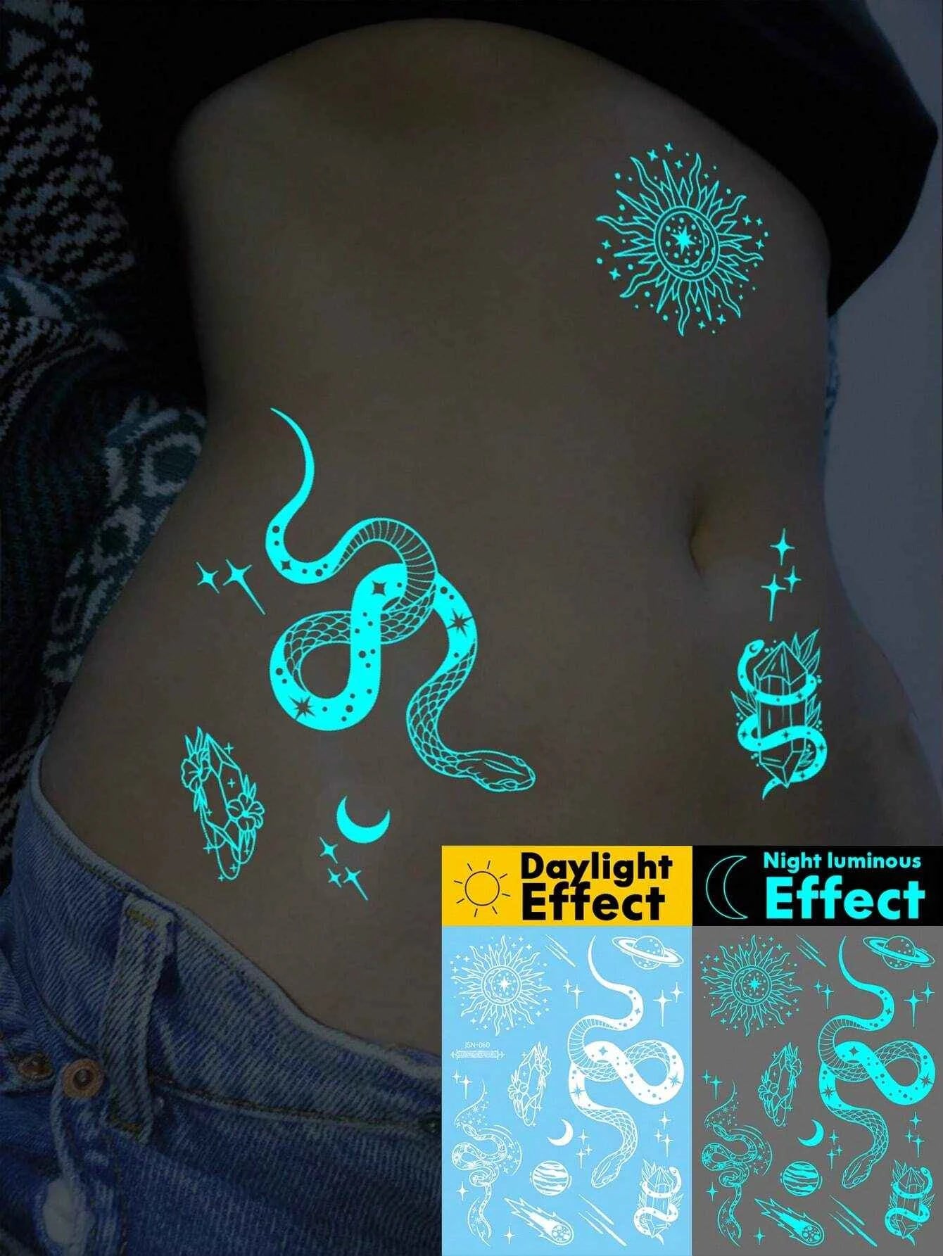 Glow-in-Dark Snake Crystal Planet Tattoo Sticker