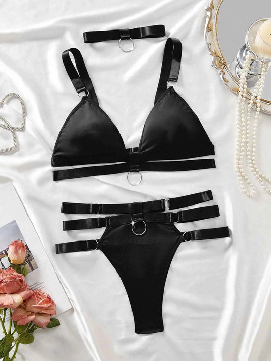3pcs Black Satin O-Ring Harness Lingerie Set with Choker