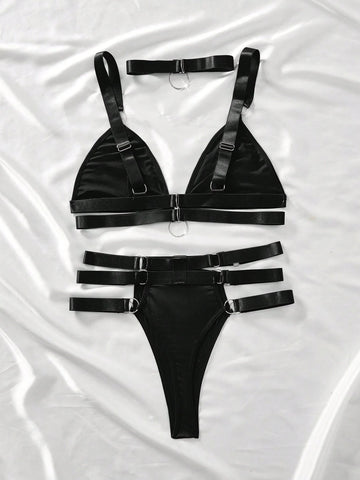 3pcs Black Satin O-Ring Harness Lingerie Set with Choker