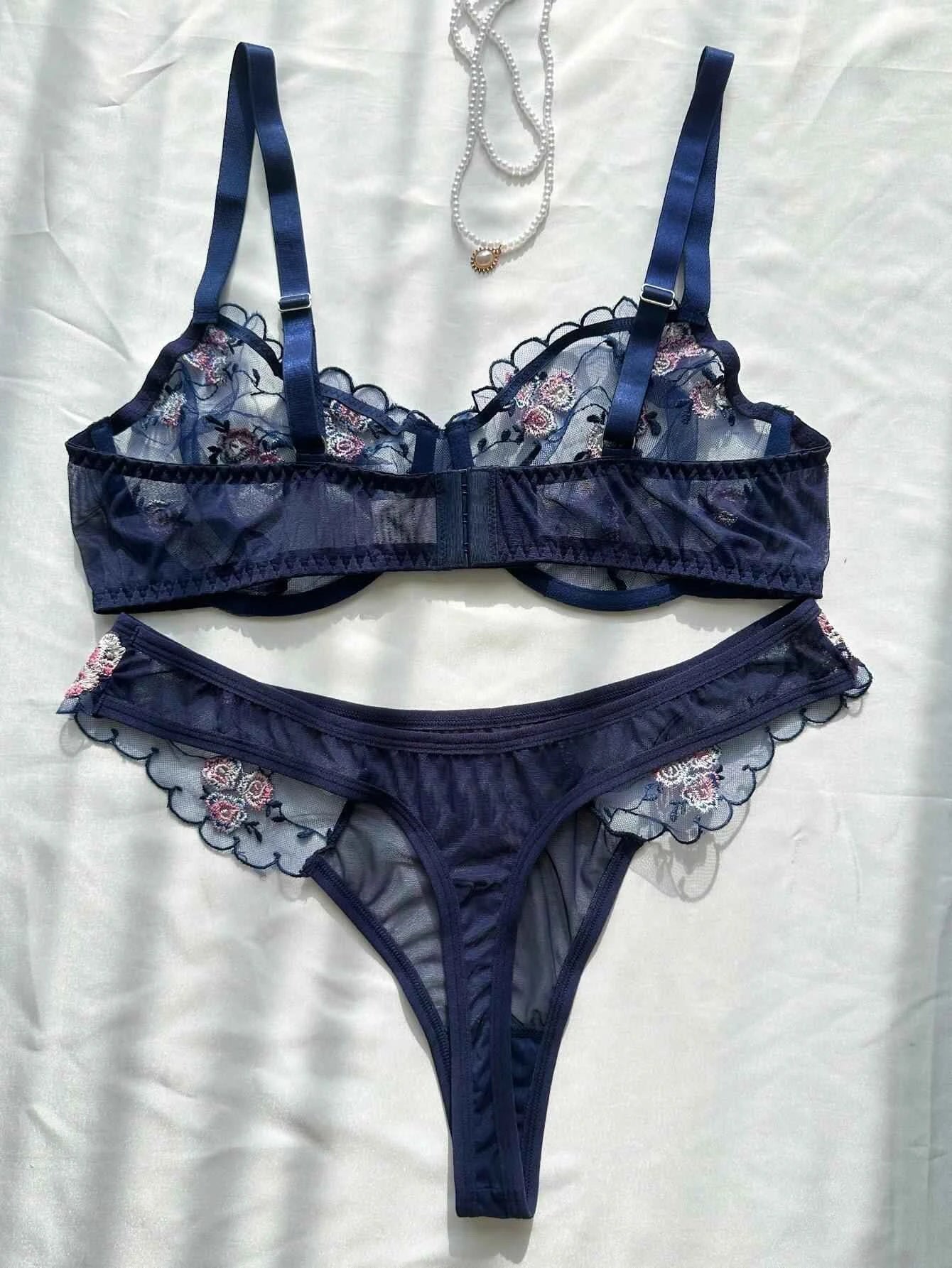 Navy Blue Sheer Mesh Floral Embroidery Lingerie Set
