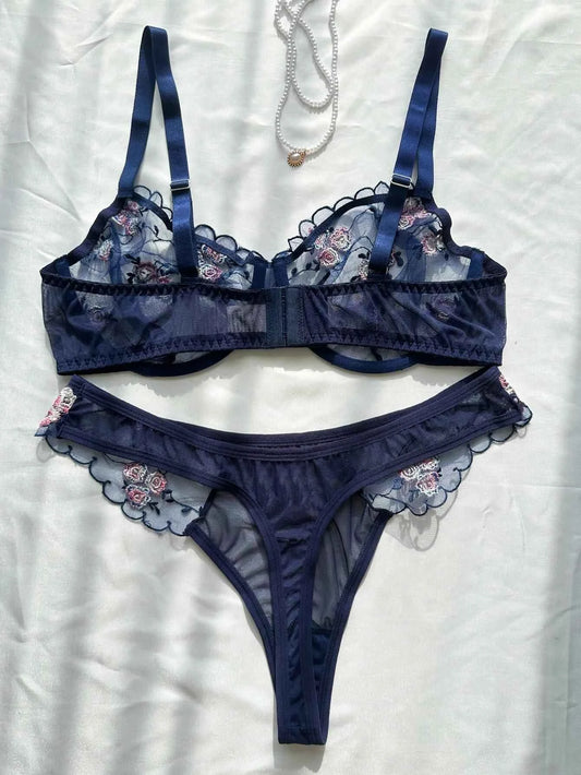 Navy Blue Sheer Mesh Floral Embroidery Lingerie Set