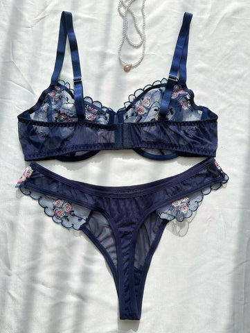 Navy Blue Sheer Mesh Floral Embroidery Lingerie Set
