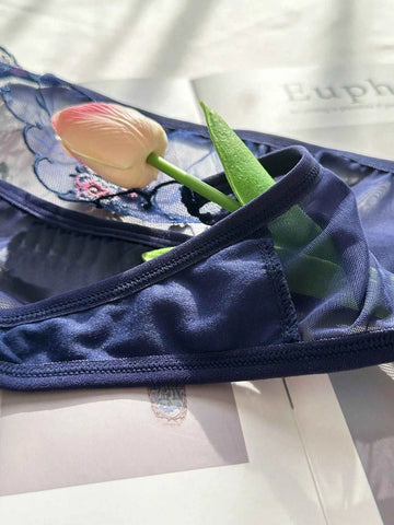 Navy Blue Sheer Mesh Floral Embroidery Lingerie Set
