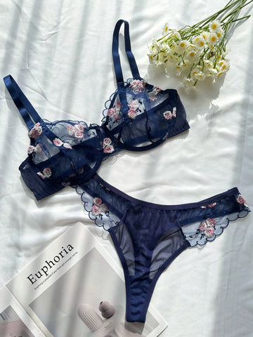 Navy Blue Sheer Mesh Floral Embroidery Lingerie Set