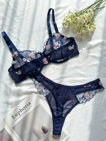 Navy Blue Sheer Mesh Floral Embroidery Lingerie Set