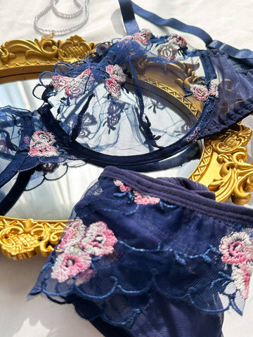 Navy Blue Sheer Mesh Floral Embroidery Lingerie Set