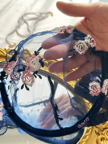 Navy Blue Sheer Mesh Floral Embroidery Lingerie Set