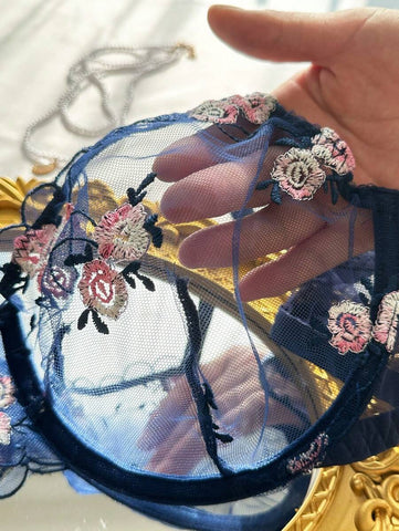 Navy Blue Sheer Mesh Floral Embroidery Lingerie Set