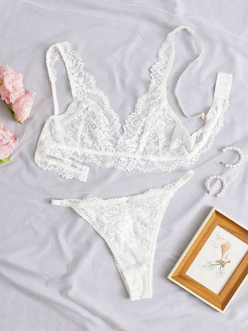 vory Scalloped Lace Bra & High-Waist Brief Set