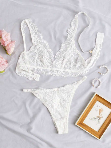 vory Scalloped Lace Bra & High-Waist Brief Set