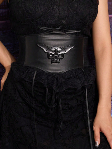 Skull Bat Print Corset Waist Belt