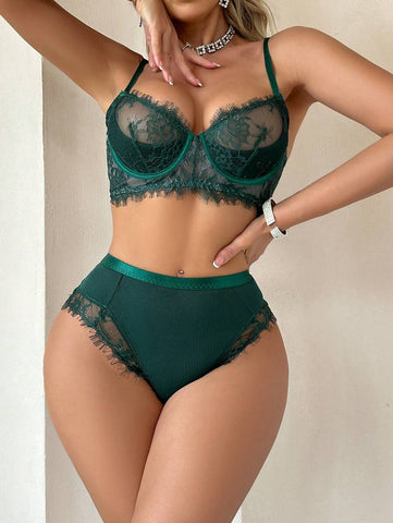 Emerald Eyelash Lace High-Waist Ribbed Lingerie Set