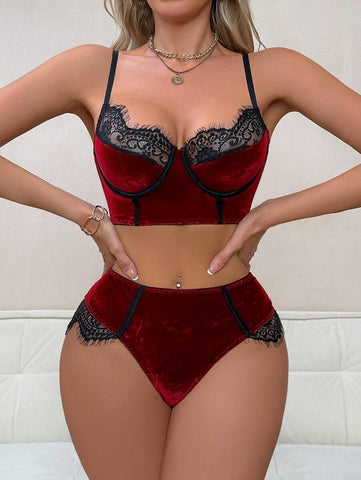 Burgundy Crimson Bustier Lingerie Set with Eyelash Lace Trim