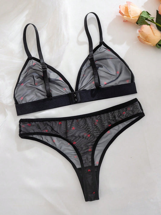 Sexy Strap Brassiere Set, Sheer See-Through Heart Lingerie, Thin Breathable Skin-Friendly Wireless Bra Two Pieces Set Women 2 Pieces Set