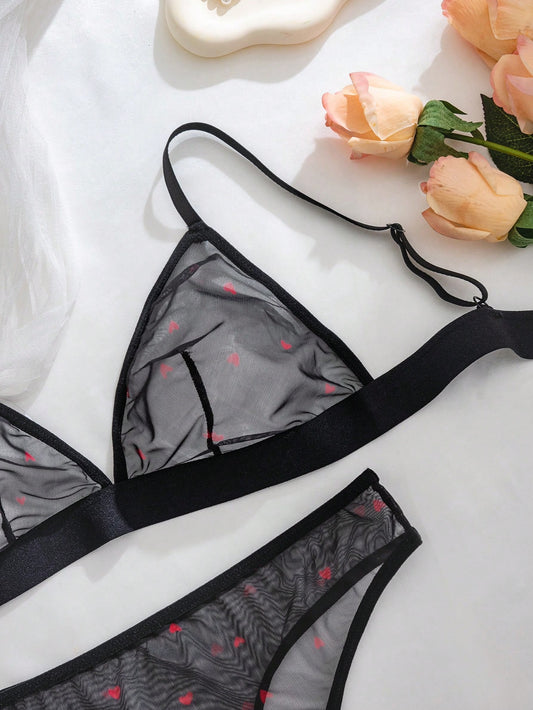 Sexy Strap Brassiere Set, Sheer See-Through Heart Lingerie, Thin Breathable Skin-Friendly Wireless Bra Two Pieces Set Women 2 Pieces Set