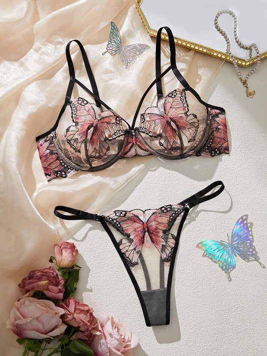 2pcs Romantic Butterfly Embroidery Sexy Lingerie Set For Valentine's Day