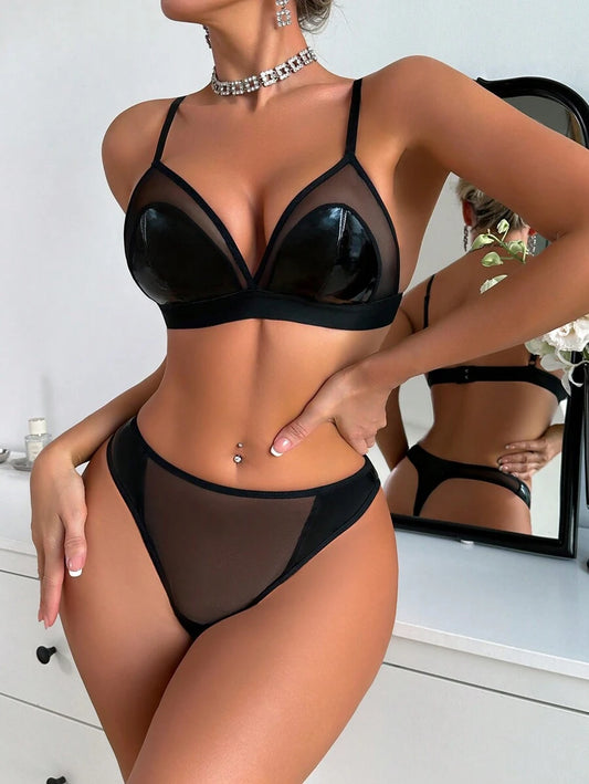 1pc Women's Solid Color Leather Comfortable Lingerie Set Two Pieces Set Women 2 Pieces Set