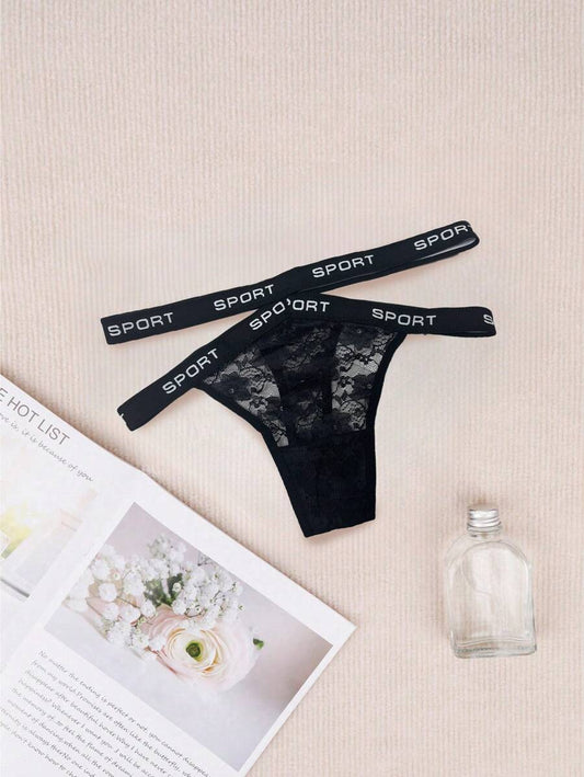 1 PC Women's Lace Letter Connected Breathable Thin Underwear Sexy Cross Tied Panties For Women High Slit Underwear Thongs For Women,Lingerie Sexy