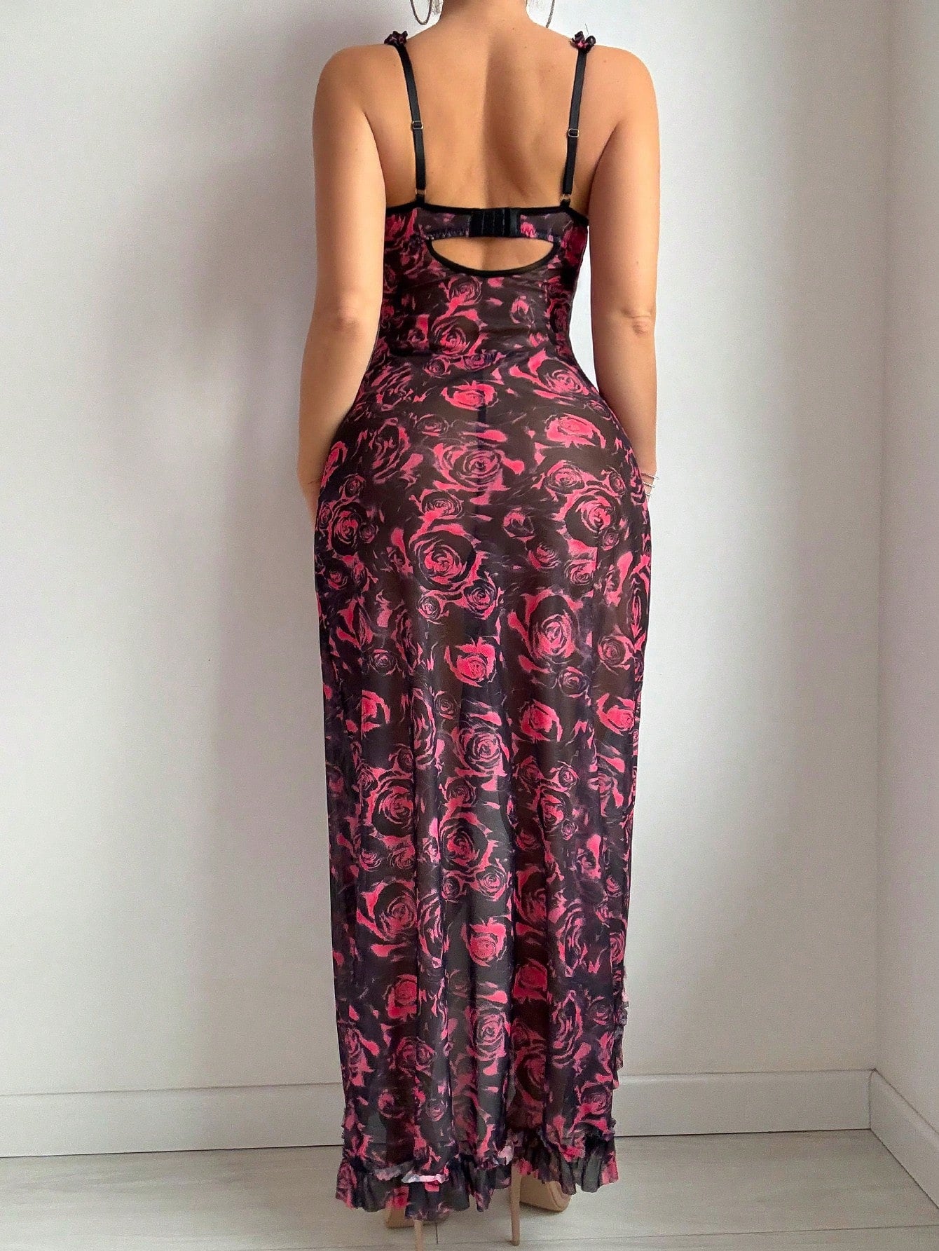 2pc Floral Print Ruffle High Slit Camisole Nightie Set - TFI Lingerie Pakistan - Image 2