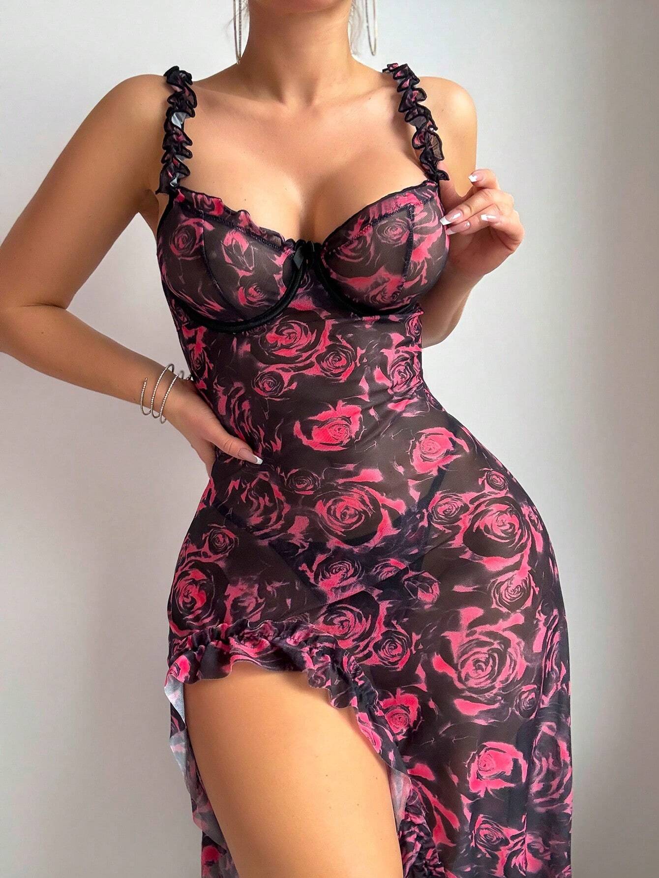 2pc Floral Print Ruffle High Slit Camisole Nightie Set - TFI Lingerie Pakistan - Image 3