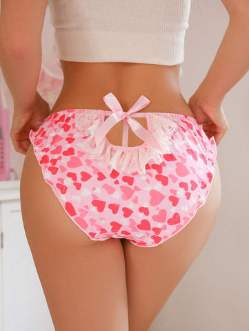 1pc Women's Valentine's Day Cute Heart Print Panty, With Hollow Out & Floral Lace Design